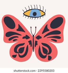 Retro groovy style butterfly and eye for tattoo vector illustration