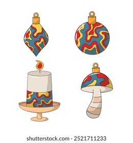 Jouets de sapin de Noël rétro de style groovy avec un motif ondulé multicolore. éléments décoratifs de Nouvelle année. Illustration vectorielle isolée sur fond transparent, trait modifiable.
