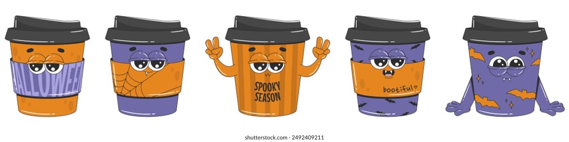 Retro groovy style coffee characters. A set of cute halloween mascots for cafe, bakery, restaurant. Vector cartoon illustration.
