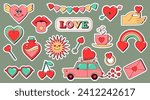 Retro groovy style. Cute set of Valentine's Day stickers. Vector, isolated stickers, patches or pins. Romantic objects about love. Image: rainbow, car, lips with tongue, envelope, hand with heart