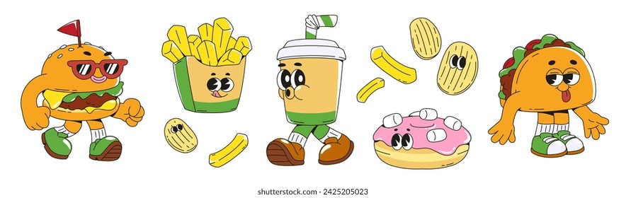 Retro groovy style food cartoon character set with cute faces. Funky fast food and drink mascot with emotions - hamburger and fries, soda plastic cup and donut with marshmallow, taco and chips