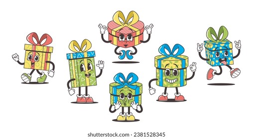 Retro Groovy Style Gift Box Cartoon Characters. Embark On A Nostalgia Trip With Our Vibrant, Funky Icons