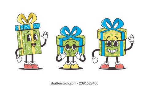 Retro Groovy Style Gift Box Characters, Vibrant, Funky Personages. Unleash Nostalgia With These Animated Icons