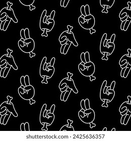 Juego de manos retro estilo groovy. Colección de mano hippie psicodélica. Vintage hippy diverso paquete de pegatinas de palma. Fondo de patrón de vector inconsútil para la tela, tela, papel pintado, envoltura