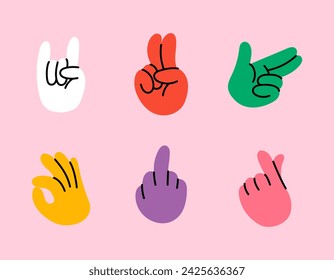 Retro groovy style hands set. Psychedelic hippie hand collection. Vintage hippy various palm sticker pack. Showing gestures victory, shaka, ok, rock and love. Abstract trendy y2k vector illustration