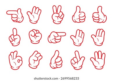 Retro groovy style hands set. Cartoon hippie hand collection. Vintage hippy various palm sticker pack. Showing gestures victory, shaka, ok, rock and love. Abstract trendy y2k vector eps illustration