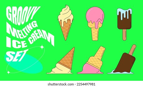 Retro groovy style ice cream cone set. Hippie melting plombir collection. Vintage hippy various melted icecream sticker pack. Trendy y2k vector sweet dessert. Nostalgia elements eps illustration