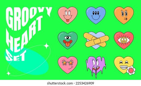 Retro groovy style lovely heart shape set. Psychedelic hippie crazy love cartoon character collection. Abstract vintage hippy various emoji valentines day sticker pack. Emoticon trendy y2k eps mascots