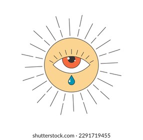 Retro groovy style shiny sacral sun with eye. Psychedelic hippie old solar esoteric element. Abstract vintage hippy oracle bright sticker. Trendy y2k pop culture or boho print design. Vector symbol