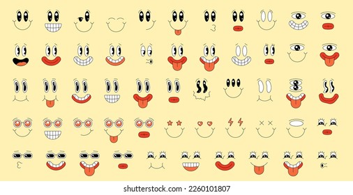 Estilo retro groovy carátula sonriente juego de caras. Colección de emoji loco hippy. Caras de sonrisa psicodélica hippie. Caricatura positiva de expresiones faciales. Elementos de las emociones del ojo y la boca de historietas de época. Vector