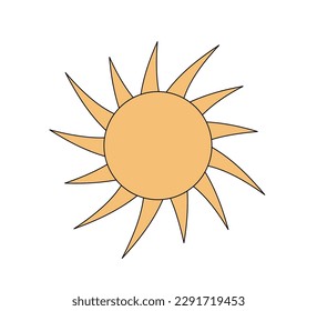 Retro groovy style twisted shiny sun. Psychedelic hippie old solar summer element. Abstract vintage hippy bright sticker. Trendy y2k pop culture or boho design. Vector eps print