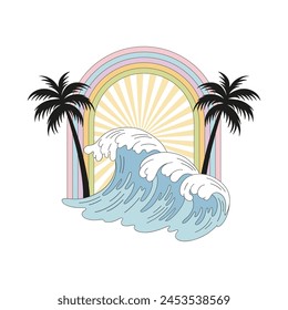 Retro groovy salida del sol de la playa de verano con las palmeras del arco iris silueta Ilustración vectorial de las olas espumosas aisladas en blanco. Dibujado a mano línea arte estilo de dibujo amanecer en la playa impresión poster postal