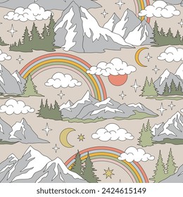Retro groovy summer day and night mountains landscape vector seamless pattern. Mountain peaks, pine trees forest, rainbow, clouds, half moon, stars background. Wild nature mountainous terrain surface