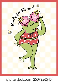 Retro Groovy Summer Frog girl in swimsuit wear sunglasses cartoon character Summer vibe