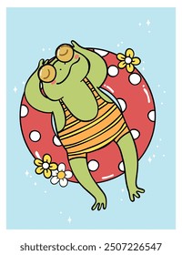 Retro Groovy Summer Frog in swimsuit on beach ring cartoon character Summer vibe doodle