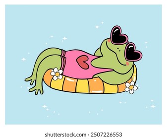 Retro Groovy Summer Frog in swimsuit on beach ring cartoon character Summer vibe doodle