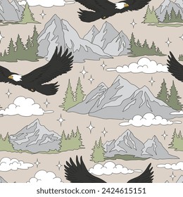 Retro groovy summer mountains landscape with american bald eagle flying in the sky vector seamless pattern. Wild nature mountainous terrain backdrop. Happy camper summer vacation outdoor recreation