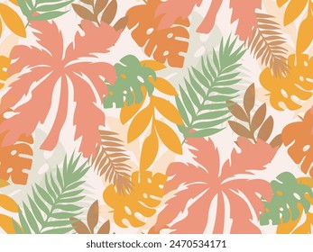 Retro groovy summer palm leaves and monstera seamless pattern. Exotic colorful jungle for fabric prints. Vector illustration.