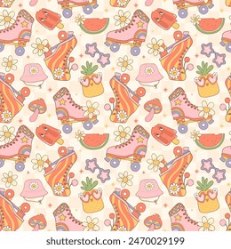 Retro Groovy Summer Roller Skate Seamless Pattern Playful Repeat background Design