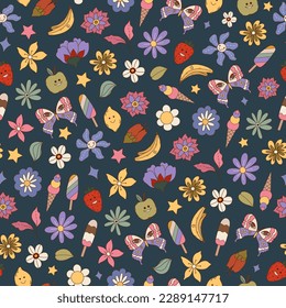 Retro groovy summer seamless pattern with flowers, fruits, ice cream 70s background. Funky boho vibrant hippie vibes pattern. Vector illustration in flat style