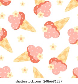 Retro groovy summer seamless pattern with ice cream and flowers. Cute seasonal hand drawn vector background