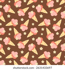Retro groovy summer seamless pattern with ice cream and flowers. Cute seasonal hand drawn vector background