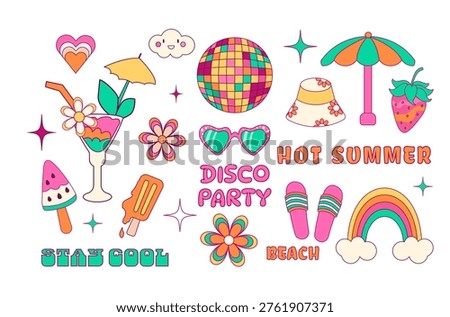 Retro Groovy Summer  Set. 70s Aesthetic Vector Illustrations with Disco Ball, Cocktail, Sunglasses, and Beach Elements. Y2K Style Pop Art Icons for Tropical Party and Vacation.
