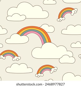 Retro groovy summer sky surface design for nursery and baby fashion. Childish rainbows with cloud. Contour Y2k vector