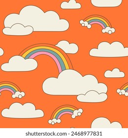 Retro groovy summer sky surface design for nursery and baby fashion. Childish rainbows with cloud. Contour Y2k vector