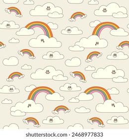 Retro groovy summer sky surface design for nursery and baby fashion. Childish rainbows with cloud. Contour Y2k vector
