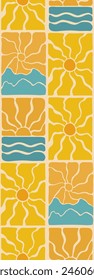 Retro groovy summer sun backgrounds seamless pattern with sun rays mountains. Aesthetic contemporary vector illustration for textile prints in bohemian 70s style.