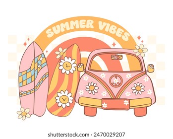 Retro Groovy Summer Vibes surfboard and car Cute Cartoon 