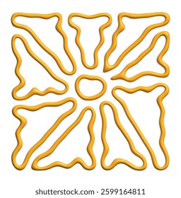 Retro groovy sun 3D yellow glossy shapes on white background. Retro 70s style design with organic fluid forms, smooth reflective surfaces, and a cheerful, bright aesthetic.
