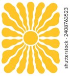 Retro Groovy Sun Background. Abstract Wave Ray Pattern in Trendy 70s Style. Boho Colorful Groovy Sun Psychedelic Vintage Background. Graphic Fun Hippie Poster. Abstract Summer Wallpaper.