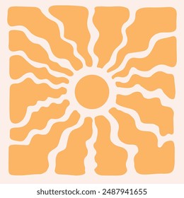 Retro groovy sun background with bright sunburst in style 60s, 70s. Abstract wavy ray pattern in trendy style. Boho psychedelic vintage background. Fun hippie poster. Abstract summer wallpaper.