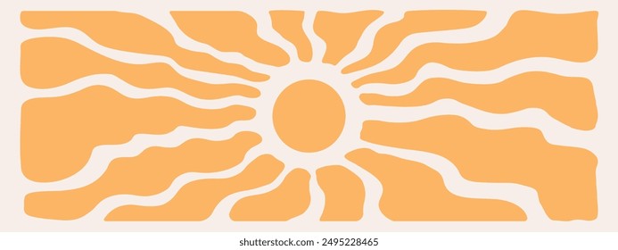Retro groovy sun background with bright sunburst in style 60s, 70s. Abstract wavy ray pattern in trendy style. Boho psychedelic vintage background. Fun hippie poster. Abstract summer wallpaper.