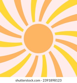 Retro groovy sun background. Colorful 60s and 70s circular stripes style vector illustration design. Abstract vintage sunburst ray poster. Hippie aesthetics.