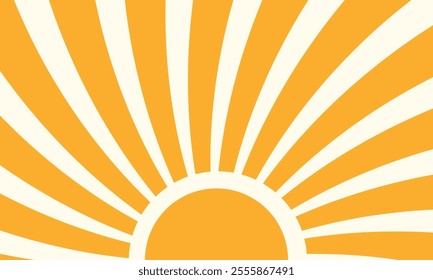 Retro groovy sun background. Colorful 60s and 70s circular stripes style vector illustration design. Abstract yellow vintage sunburst ray poster. Hippie aesthetics.