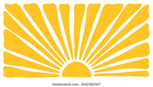 Retro groovy sun background. Doodle retro hippie style sunburst