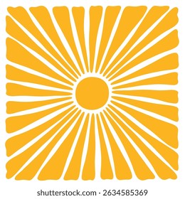 Retro groovy sun background. Doodle retro hippie style sunburst