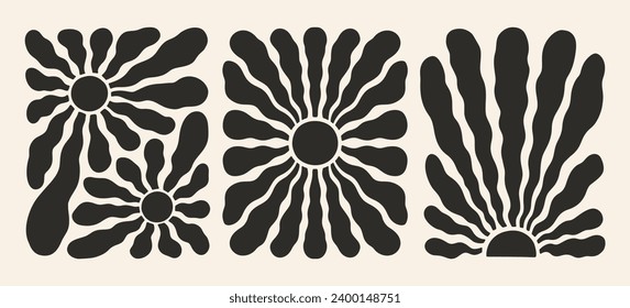 Retro Groovy Sun Background Set. Abstract Wave Ray Pattern in Trendy 70s Style. Boho Colorful Groovy Sun Psychedelic Vintage Background. Graphic Fun Hippie Poster. Abstract Summer Wallpaper.