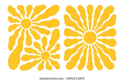 Retro Groovy Sun Background Set. Abstract Wave Ray Pattern in Trendy 70s Style. Boho Colorful Groovy Sun Psychedelic Vintage Background. Graphic Fun Hippie Poster. Abstract Summer Wallpaper.