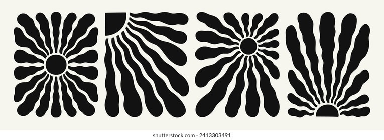 Retro Groovy Sun Background Set. Abstract Wave Ray Pattern in Trendy 70s Style. Boho Colorful Groovy Sun Psychedelic Vintage Background. Graphic Fun Hippie Poster. Abstract Summer Wallpaper.