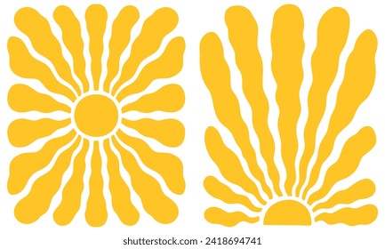 Retro Groovy Sun Hintergrundset. Abstraktes Wellenmuster im Stil der 70er Jahre. Boho bunter Groovy Sun Psychedelic Vintage Hintergrund. Grafik-Fun-Hippie-Poster. Abstraktes Sommerwallpaper.