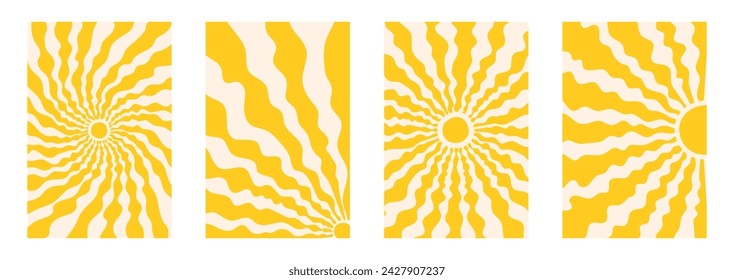 Retro Groovy Sun conjunto de fondo. Patrón abstracto dibujado a mano del rayo de la onda en estilo hippie de moda de los años 70. Cartel de verano contemporáneo en estilo de arte ingenuo, infantil y garabato. Vector.