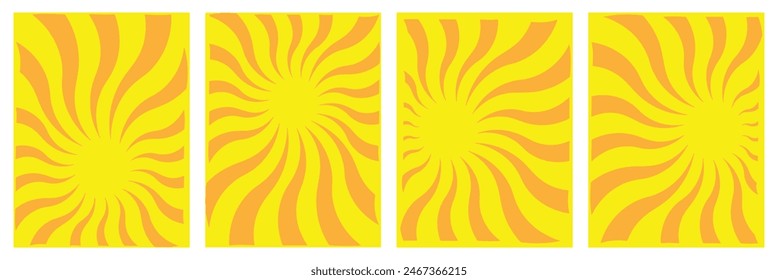 Retro Groovy Sun Background Set. Abstract Wave Ray Pattern in Trendy 70s Style. Boho Colorful Groovy Sun Psychedelic Vintage Background. Groovy retro abstract sun background.