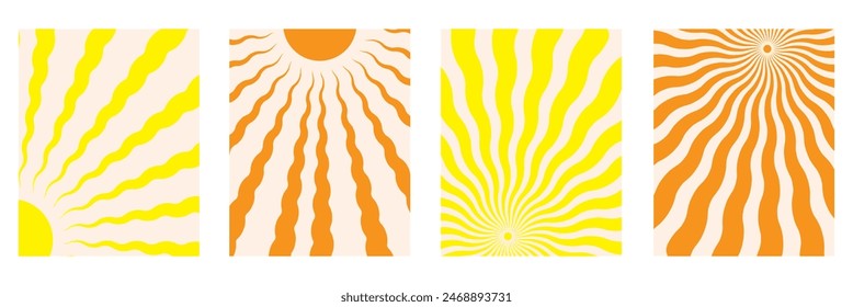 Retro Groovy Sun Background Set. Abstract Wave Ray Pattern in Trendy 70s Style. Boho Colorful Groovy Sun Psychedelic Vintage Background. Graphic Fun Hippie Poster. Abstract Summer Wallpaper.