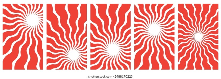 Retro Groovy Sun Background Set. Abstract Wave Ray Pattern in Trendy 70s Style. Boho Colorful Groovy Sun Psychedelic Vintage Background. Graphic Fun Hippie Poster. Abstract Summer Wallpaper.