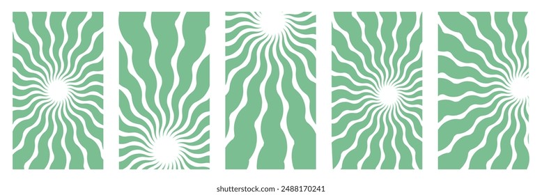 Retro Groovy Sun Background Set. Abstract Wave Ray Pattern in Trendy 70s Style. Boho Colorful Groovy Sun Psychedelic Vintage Background. Graphic Fun Hippie Poster. Abstract Summer Wallpaper.
