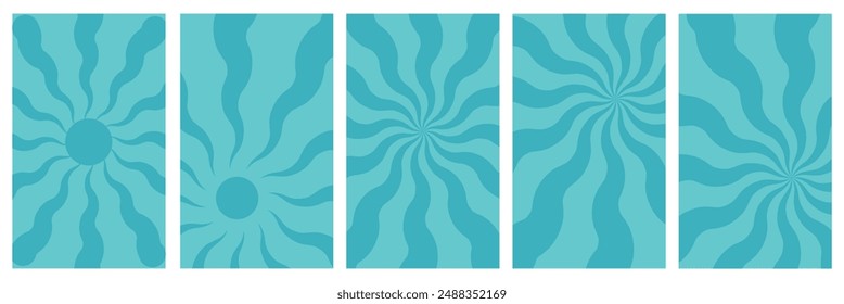Retro Groovy Sun Background Set. Abstract Wave Ray Pattern in Trendy 70s Style. Boho Colorful Groovy Sun Psychedelic Vintage Background. Graphic Fun Hippie Poster. Abstract Summer Wallpaper.